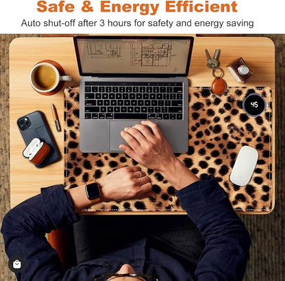 Small Heated Desk Pad 23.6" x 14.2" – Compact Electric Mouse Pad with 3 Heating Levels, Auto Shut-Off, Waterproof PU Surface, Plug-in Warmer for Office or Home Use, Leopard Print