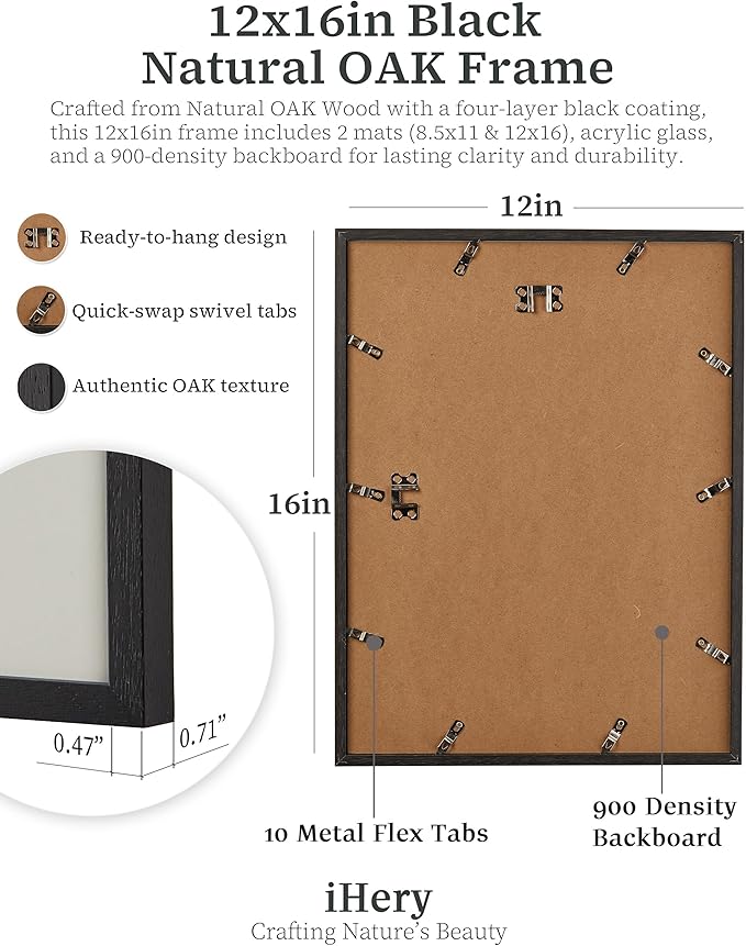 iHery Standard 12x16in Truly Natural OAK Wood Black Color Picture Frame with High Transparency Acrylic Glass Thickened Backboard, Photo Frames Minimalistic Design Narrow Border 1Pack
