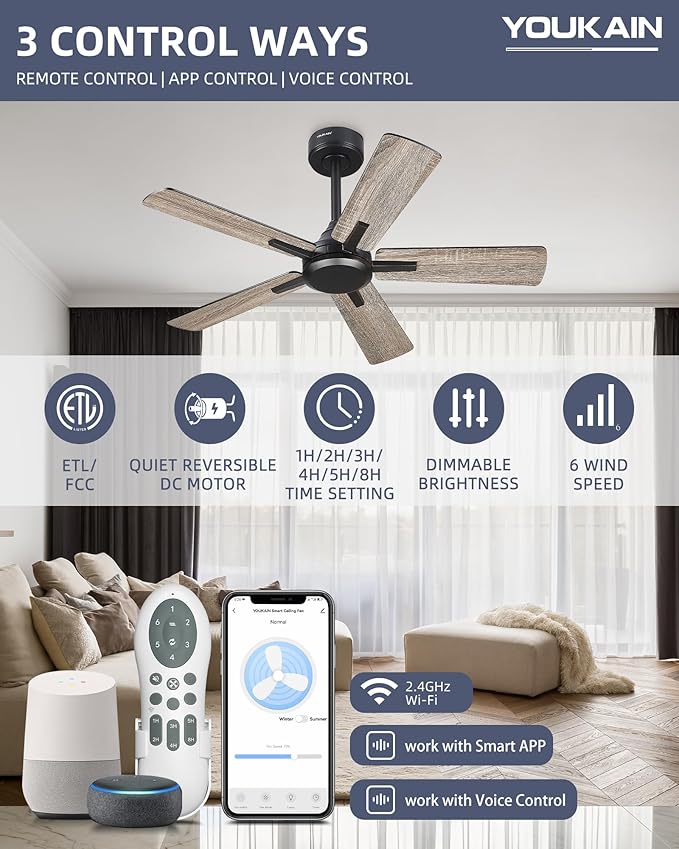 YOUKAIN Ceiling Fan No Light, 42 Inch Black Modern Ceiling Fans, Smart Ceiling Fan Works with Voice Control & Remote Control, Reversible Blades, Outdoor Ceiling Fans for Living room, 42-YJ812-BK-NL
