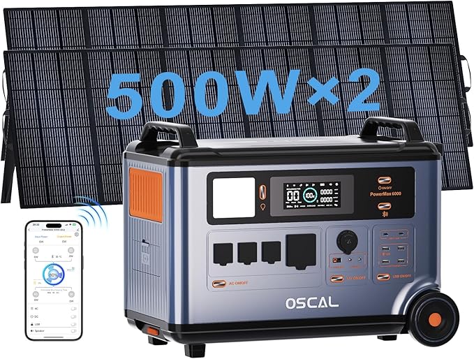 OSCAL 6000W 120V/240V Dual Voltage Solar Generator with 2x500W Solar Panel,Portable Power Station 3600WH Lifepo4 Battery with 14 Outlets,2200W 1.96H Fast Charge,Promax6000 for Home Backup.