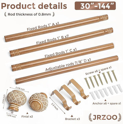 Wood Curtain Rods for Windows 72 to 144 Inches, Decorative 1'' Diameter Heavy Duty Adjustable Rustic Farmhouse Drapery Pole with Boho Imitation Wooden Grain Finials, Size: 30''-144'', Brown