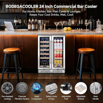 BODEGA 24 Inch Beverage and Wine Refrigerator, Dual Zone Wine Cooler Under Counter, with Independent Temperature Control and Upgraded Compressor, Holds 57 Cans and 19 Bottles