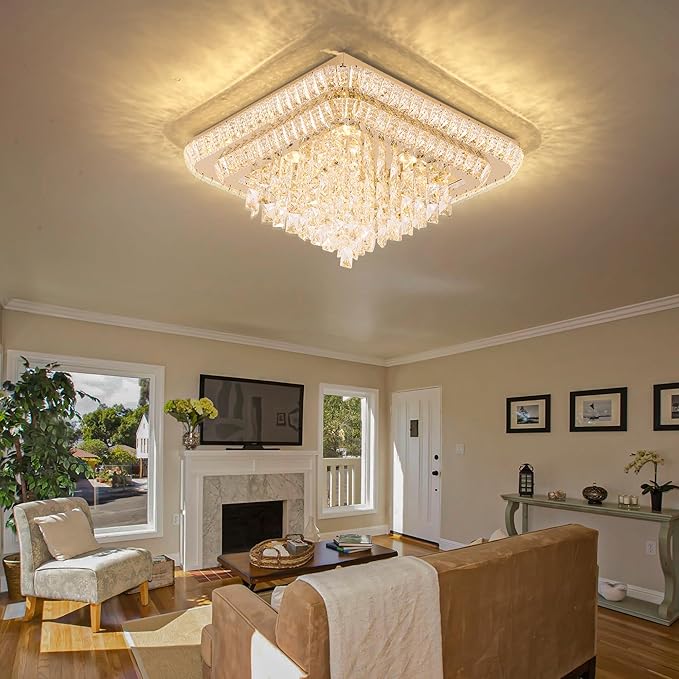 Elegant LED Gold Crystal Raindrop Ceiling Light,24 Inch Square Flush Mount Chandelier with Remote for Living Room Kitchen Island Bedroom Hallway Entryway Foyer (Dimmable)