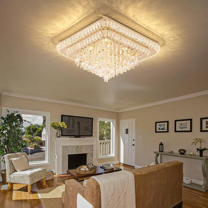 Elegant LED Gold Crystal Raindrop Ceiling Light,24 Inch Square Flush Mount Chandelier with Remote for Living Room Kitchen Island Bedroom Hallway Entryway Foyer (Dimmable)