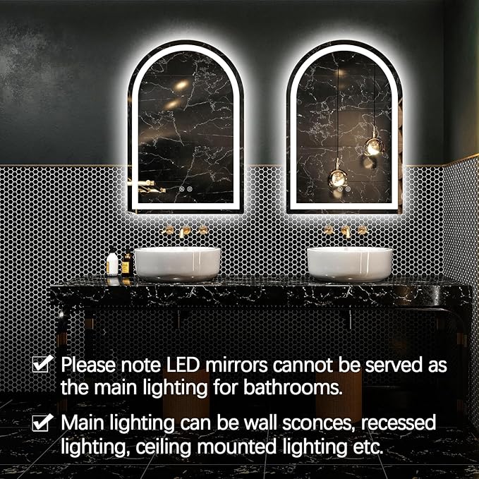 Niccy Arched LED Bathroom Mirror, 39x26 Arch Wall Mounted Frameless Bathroom Mirror for Vanity, Smart Lighted Frontlit Mirrors with Memory Function for Bathroom Bedroom Beauty Hair Salon