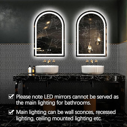 Niccy Arched LED Bathroom Mirror, 39x26 Arch Wall Mounted Frameless Bathroom Mirror for Vanity, Smart Lighted Frontlit Mirrors with Memory Function for Bathroom Bedroom Beauty Hair Salon