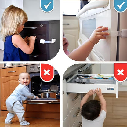 3M Adhesive Child Safety Strap Locks by Baby Proof Me, Baby Latches for Cabinets, Dishwashers, Fridges, Ovens and Trash Cans, Stain Free Toilet Lock (White, 24 Safety Latches)