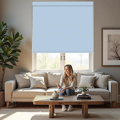Motorized Roller Blinds with Remote, 100% Blackout Automatic Roller Shades for Bedroom, Bathroom, and Living Room, Customized Size, Pale Lake Blue