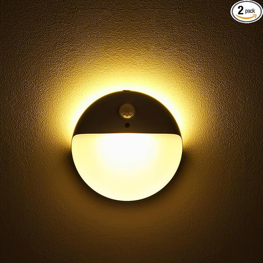 2 Pack Motion Sensor Night Light, Gold Yellow, 3 Lighting Modes, Stepless Dimming, Battery-Powered, Dimmable LED, Suitable for Bedroom, Bathroom, Stairs, Corridors, Closets