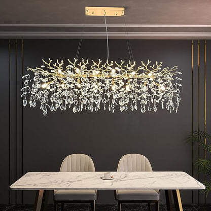 Gold Crystal Chandelier Modern High Ceiling Tree Branch Chandeliers Lighting Luxury Foyer Entryway Staircase Living Room Large Raindrop Large Hanging Pendant Light Fixture