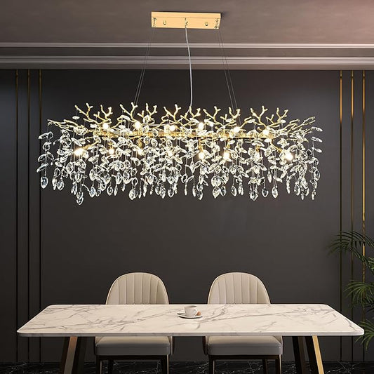 Gold Crystal Chandelier Modern High Ceiling Tree Branch Chandeliers Lighting Luxury Foyer Entryway Staircase Living Room Large Raindrop Large Hanging Pendant Light Fixture
