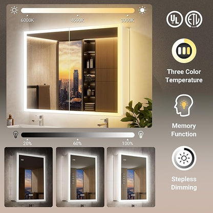 40x30 LED Medicine Cabinet Mirror with Double Lights-Front & Backlit, 155°Soft-close Hinge, Surface or Recessed Dimmable Lighted Medicine Cabinet Mirror with Clock Outlet Inner Light,Anti-fog