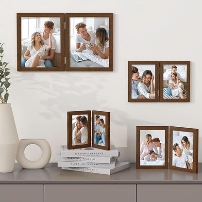 Axeman 6x8 Double Picture Frame - Solid Oak Wood Vertical Hinged 6x8 Photo Frame 2 Opening Folding Family Frames Collage With Real Glass for Tabletop Displa, Hanging Hardware Included | Walnut