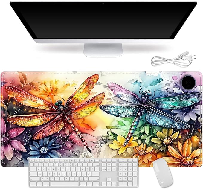 Heated Mouse Pad for Desk 31.5" x 13" – PU Leather Warm Desk Pad with 3 Heat Levels (104°F/113°F/122°F), Plug-in Electric Heating Mat with Auto Shut-Off, Waterproof & Rollable, Colorful Dragonflies