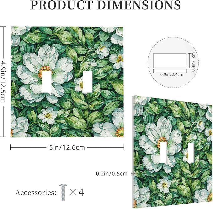Vintage Floral White Flowers Green Plants Leaves Decorative Switch Plates 2 Gang Double Toggle Outlet Light Switch Cover Wall Plate Electrical Faceplate for Bedroom Bathroom Decor