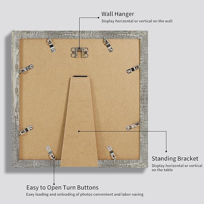 iRahmen 12x12 Picture Frame Set of 4 with Tempered Glass, Display 10x10 Picture with Mat or 12 x 12 Without Mat, Rustic Wood Square Photo Frame for Desktop Display and Wall Mounting