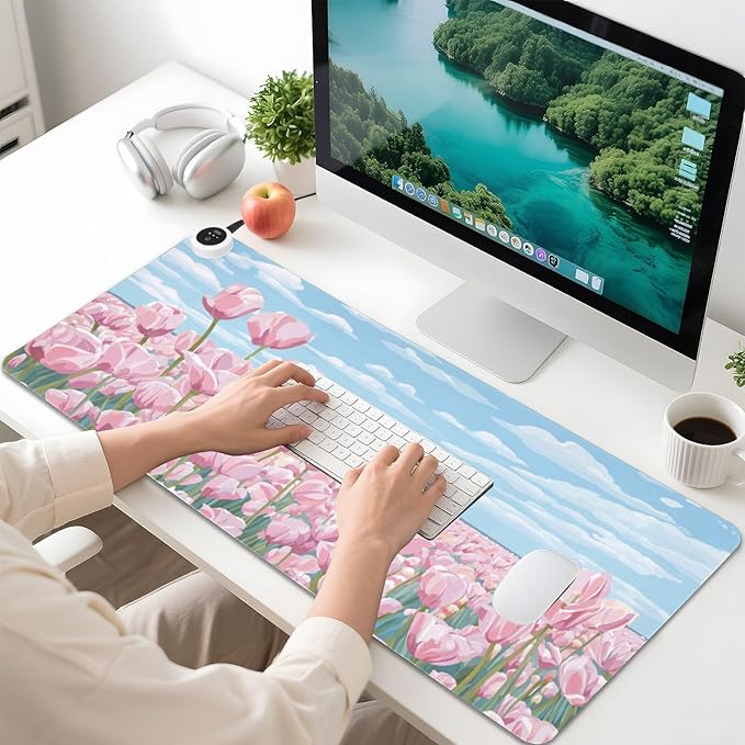 Heated Desk Pad Mouse Pad 31.5x13 Inch PU Leather Desk Mat with 3 Heat Levels Large Mouse Gaming Computer Laptop Mat Pink Tulip Field and Blue Sky