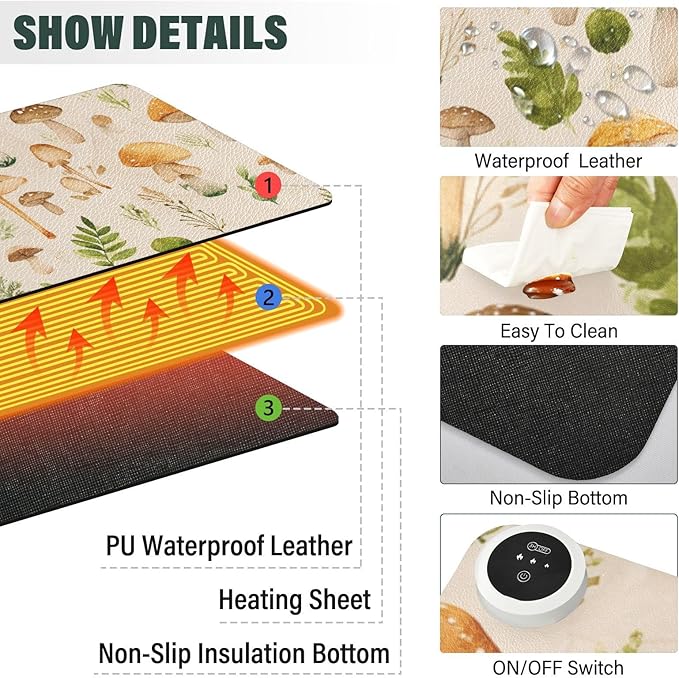 Heated Desk Pad Mouse Pad 31.5x13 Inch PU Leather Desk Mat with 3 Heat Levels Large Mouse Gaming Computer Laptop Mat Watercolor Mushrooms Beige
