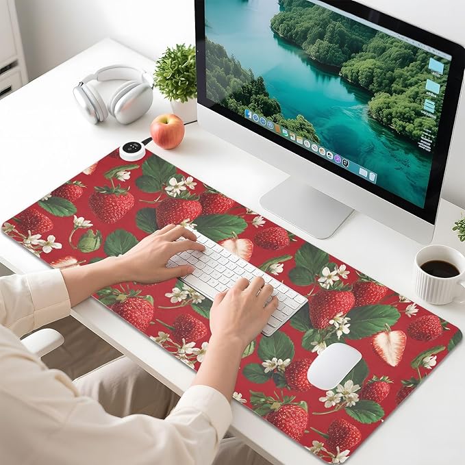 Heated Desk Pad Mouse Pad 31.5x13 Inch PU Leather Desk Mat with 3 Heat Levels Large Mouse Gaming Computer Laptop Mat Red Strawberries Flowers