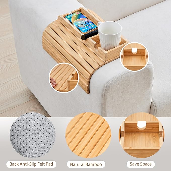 GEHE Bamboo Couch Cup Holder, Anti-Spill Sofa Arm Tray, Natural and Easy to Clean Couch Arm Cup Holder Armrest Tray Perfect for Cups, Beers, Snacks, Remote Control, Drinks
