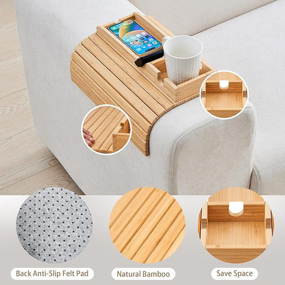 GEHE Bamboo Couch Cup Holder, Anti-Spill Sofa Arm Tray, Natural and Easy to Clean Couch Arm Cup Holder Armrest Tray Perfect for Cups, Beers, Snacks, Remote Control, Drinks