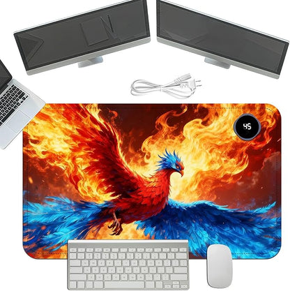 Heated Mouse Pad with 3 Temperature Settings(104°F–122°F),Large 24x14.2 Inch PU Leather Heated Desk Mat,Waterproof Warming Pad for Office,Gaming & Cold Hands Relief,Fiery Phoenix Bird