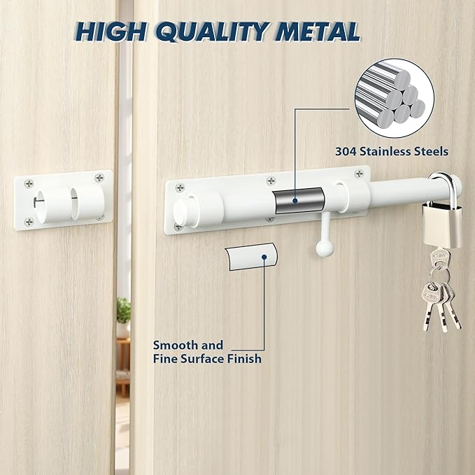 Alise 10 inch Barrel Bolt Latch,Slide Bolt Latch,Heavy Duty Solid SUS304 Stainless Steel Slide Lock for Wooden Fence,Barn Door,Interior or Outdoor Door White MS9200-W