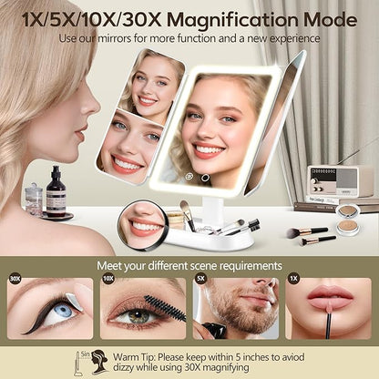 Vanity Mirror with Lights, Lighted Makeup Mirror with 30X/10X/5X Magnification, Rechargeable Trifold Mirror with 3 Color & Adjustable Brightness, Travel Makeup Mirror with Lights for Desk