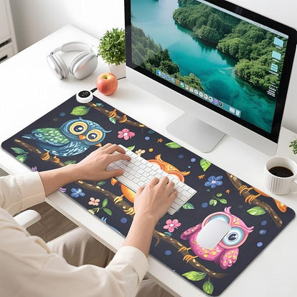 Heated Desk Pad Mouse Pad 31.5x13 Inch PU Leather Desk Mat with 3 Heat Levels Large Mouse Gaming Computer Laptop Mat Vibrant Owls Branches Flowers Spring