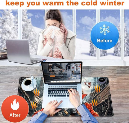 Small Heated Desk Pad 23.6" x 14.2" – Compact Electric Mouse Pad with 3 Heating Levels, Auto Shut-Off, Waterproof PU Surface, Plug-in Warmer for Office or Home Use, Pirate Cat