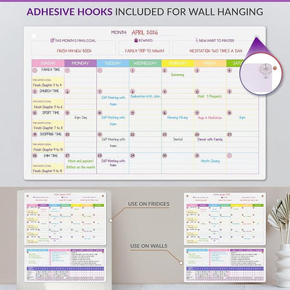 Magnetic Whiteboard for Fridge - Large Dry Erase Calendar for Wall | 2 Magnetic Dry Erase Board 10.5" x 16.5" & 7" x 16.5", Monthly Goal Setting & Habit Tracker, 5 Markers and 6 Adhesive Hooks