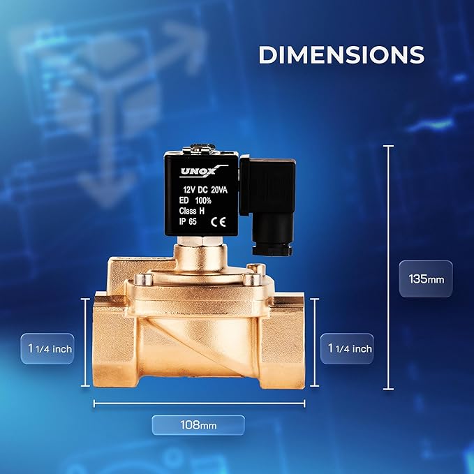 UNOX 1 1/4" NPT Solenoid Valve 12V DC, Brass Control Valve Normally Closed - 7-232 PSI Multi-Purpose Reliable Control Valve for Water, Air, and Gas - Solenoid Valves