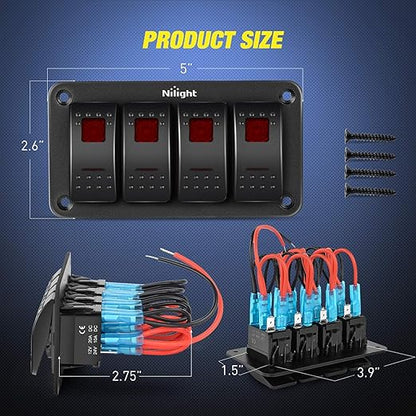 Nilight 4 Gang Rocker Switch Panel 5Pin On Off Toggle Aluminum Holder 12V 24V Dash Pre-Wired Red Backlit Switches for Automotive Cars Marine Boats RVs Truck