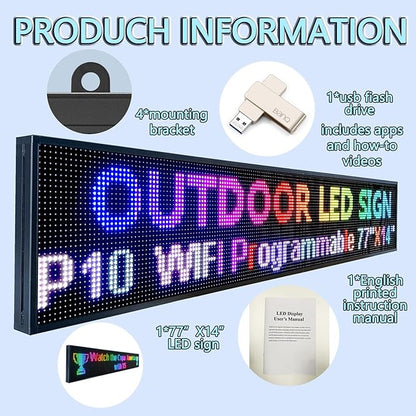 P10 Outdoor Led Sign 77"x14" WiFi Programmable with High Brightness Scrolling LED Sign for Business Digital Advertising Display Electronic Message Board