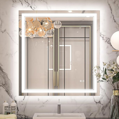 Keonjinn 30" x 32" Bathroom LED Mirror, Front & Back Lighted Mirror for Bathroom Wall, HD Tempered Glass, Safe Anit-Fog, 3000K/4500K/6500K, Dimmable, Frameless LED Wall Mirror with Lights