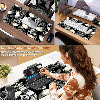 Heated Mouse Pad for Desk 31.5" x 13" – PU Leather Warm Desk Pad with 3 Heat Levels (104°F/113°F/122°F), Plug-in Electric Heating Mat with Auto Shut-Off, Waterproof & Rollable, Skull Pattern
