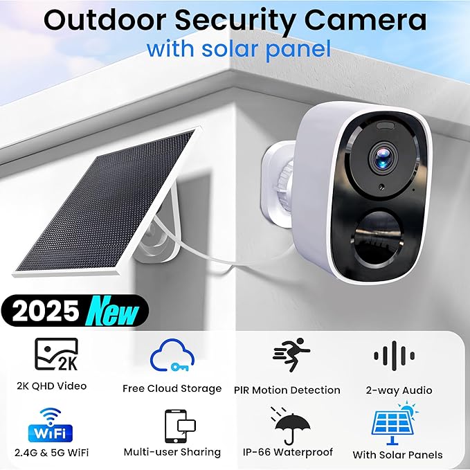 2025 Upgraded 2K Security Cameras Wireless Outdoor with Solar Panels, Free Cloud Storage, AI Motion Detection Spotlight Siren Alarm Outdoor Camera Wireless, 2-Way Talk, IP66 Waterproof