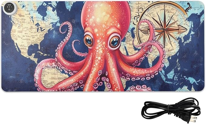 Heated Desk Pad Mouse Pad 31.5x13 Inch PU Leather Desk Mat with 3 Heat Levels Large Mouse Gaming Computer Laptop Mat Blue World Map and Octopus