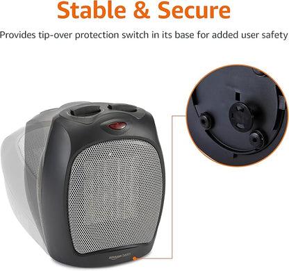 Amazon Basics Ceramic Space Heater, Portable Indoor Heating Solution, With Overheat and Tip-Over Protection, Thermostat, Non-Oscillating, 1500W, 7.52"D x 6.34"W x 9.45"H, Black