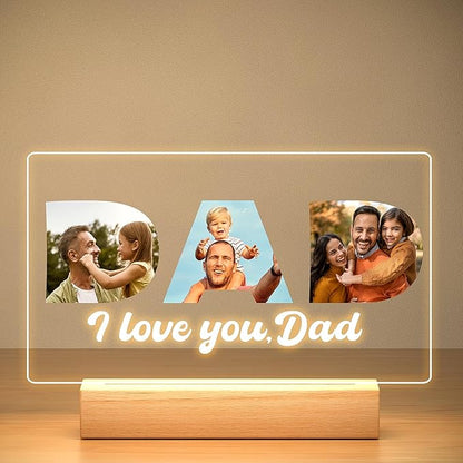 Custom Dad Picture Frame with Photo, Personalized Photo Frame with Night Light, Customized Picture Frames, Personalized Valentines Day Gifts for Dad from Daughter & Son