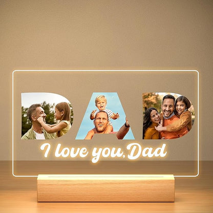 Custom Picture Frames with Photo, Custom Photo Frame with Night Light, Personalized Picture Frame, Personalized Valentines Day Gifts for Dad from Daughter & Son