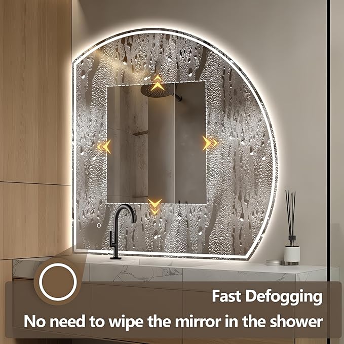 Niccy Half Moon Led Mirror for Bathroom, 40" Semi Round Backlit Mirror for Wall Lighted Mirror with Frameless 3 Color, Defogger, Explosion-Proof, HD Glass and IP65 Vanity Mirror