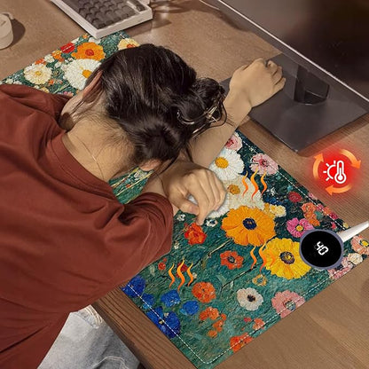 Heated Mouse Pad 23.6 x 14 in 3-Temp Fast Heating Desk Mat with Auto Timer Warmer for Hands Wrist Pain Relief Waterproof Keyboard Mat for Office, Gaming, Home, Floral Garden