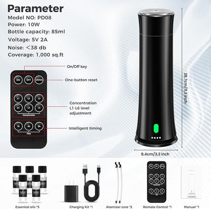 Hotel Scent Diffuser Starter Kit - 1500 Sq Ft Coverage, Hotel Scents Collection, Suitable for Waterless Diffuser Large Room, Contains Five Aromatherapy Essential Oils, Remote Control, Black