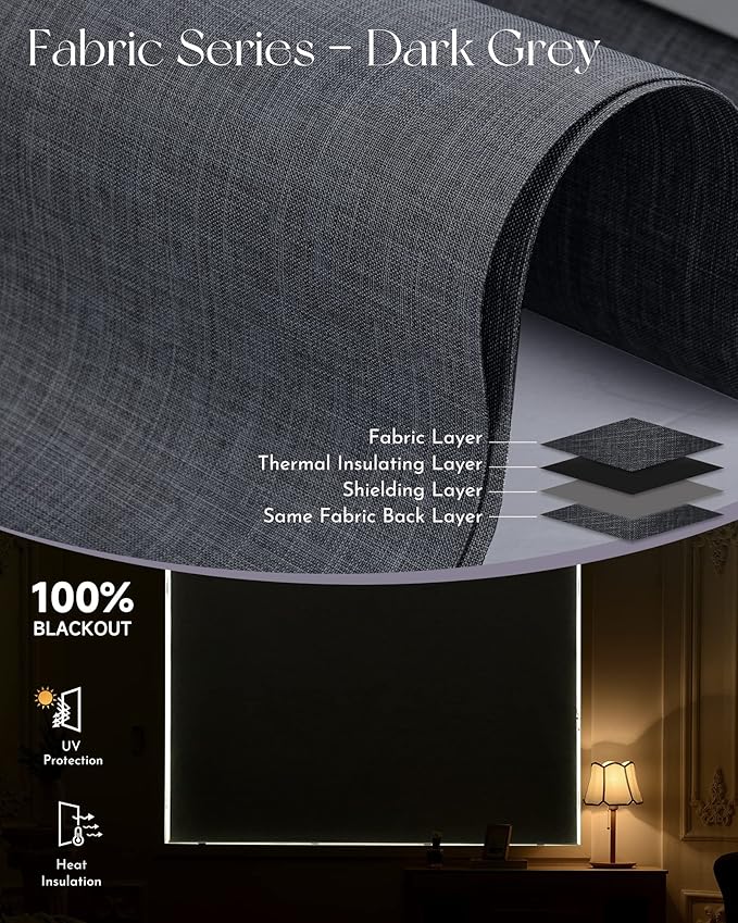 Graywind Motorized Shades 100% Blackout Compatible with Alexa Google WiFi Smart Hardwired Window Shade Remote Control Thermal Insulated Electric Blinds, Customized Size (Dark Gray)