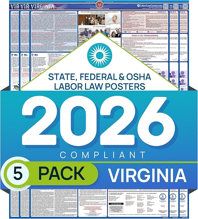 Virginia 2026 Labor Law Poster – State & Federal Compliance – OSHA, EEOC, FMLA, Minimum Wage – Durable, Laminated & Waterproof Workplace Employment Poster – Made in USA – 26” x 39.5”, 5-Pack