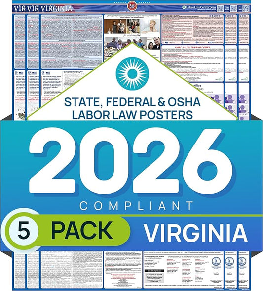 Virginia 2026 Labor Law Poster – State & Federal Compliance – OSHA, EEOC, FMLA, Minimum Wage – Durable, Laminated & Waterproof Workplace Employment Poster – Made in USA – 26” x 39.5”, 5-Pack