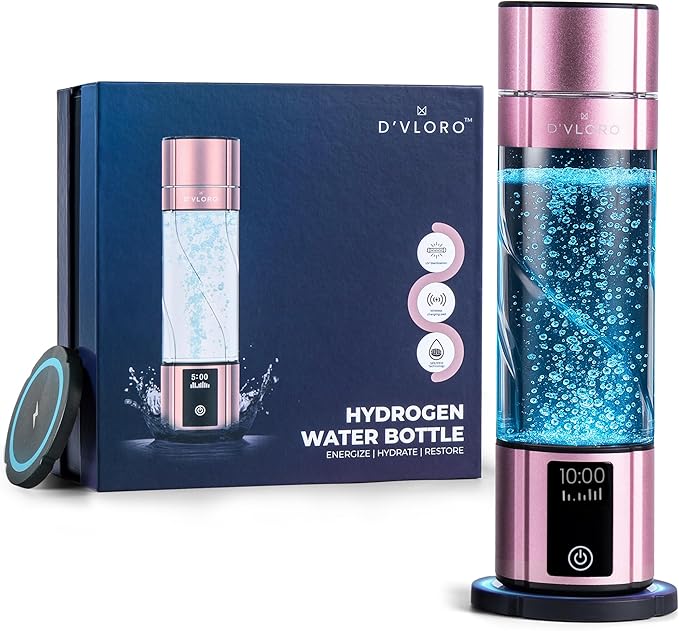 D’VLORO Hydrogen Bottle – Portable 10 OZ H₂ Infuser Hydrogen-Water-Bottle with UV Light – Electric Water Bottle 7.83Hz Tech, Wireless Charging Pad, 5-10 Min Cycles, Up to 4000+ PPB Concentration