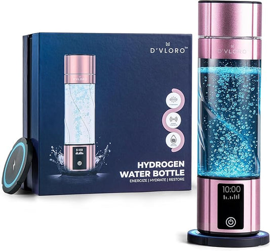 D’VLORO Hydrogen Bottle – Portable 10 OZ H₂ Infuser Hydrogen-Water-Bottle with UV Light – Electric Water Bottle 7.83Hz Tech, Wireless Charging Pad, 5-10 Min Cycles, Up to 4000+ PPB Concentration