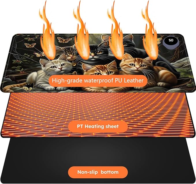Heated Mouse Pad with 3 Levels Heated & 3 Hours Auto Shut-Off Mouse Pad for Warming Hands in Office Home, 31.5" x 13"Large Safe Desk Mat Hand Warmer，A Bunch of Cute Cats